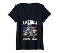 Mujer Grunge US Flag Army Skeleton Military Special Forces Camiseta Cuello V