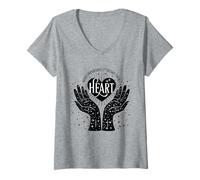 Mujer Guarda tu corazón Manos Celestiales Cósmicas Bruja Mágica Camiseta Cuello V