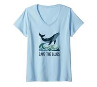 Mujer Guardar el Blues Lindo Amante de la Ballena Azul Océano Vida Marina Olas Camiseta Cuello V