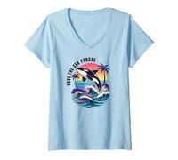 Mujer Guardar el mar Pandas Orca Ballena Retro Vintage Océano Vida Silvestre Camiseta Cuello V