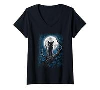 Mujer Guardián de la Luna Gato Celestial Luna Noche Mística Obra de Arte Camiseta Cuello V
