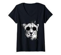 Mujer Guepardo con Gafas de Sol Blanco Splash Art Camiseta Cuello V