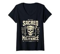 Mujer Guerra Espiritual Cristiana gótica Calavera Jesús Guerrero Arte Camiseta Cuello V