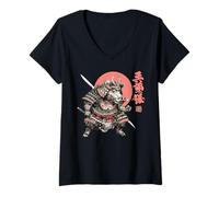 Mujer Guerrero jabalí Puesta de Sol japonés Ukiyo-e Gráfico artístico Camiseta Cuello V