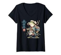 Mujer Guerrero Rana Puesta de Sol Japonesa Ukiyo-e Gráfico artístico Camiseta Cuello V