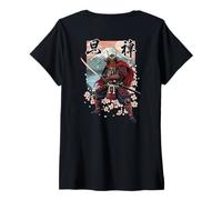 Mujer Guerrero Samurai Japonés Arte Cerezo Flores Fuji Montaña Camiseta Cuello V