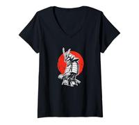 Mujer Guerrero Sol Rojo Samurai Esqueleto Camiseta Cuello V