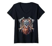 Mujer Guerrero Vikingo Calavera Mitología Nórdica Escandinavo Camiseta Cuello V