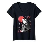 Mujer Guerrero Zen Mushin con Katana Cherry Blossom Sun Camiseta Cuello V