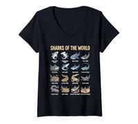 Mujer Guía de Especies de Tiburones, Tabla educativa de Aprendizaje de Vida acuática Camiseta Cuello V
