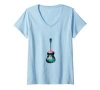 Mujer Guitarra Acústica Bosque Lago Naturaleza Pais Camiseta Cuello V