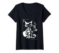Mujer Guitarra acústica caligráfica Vintage Gato músico japonés A Camiseta Cuello V
