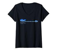 Mujer Guitarra Bajo Lago Sombra Amor Reflexión Silueta Metal Camiseta Cuello V