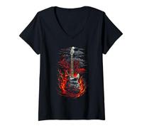 Mujer Guitarra eléctrica oscura con llamas rojas, nubes y fuego. Camiseta Cuello V