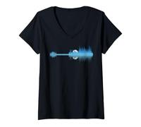 Mujer Guitarra Lago Árboles Luna Guitarrista Música Naturaleza Hombres Mujeres Camiseta Cuello V