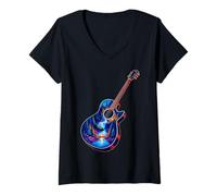 Mujer Guitarra Lago Reflexiones Bosque Pino Árbol Luna Campamento Guitarrista Camiseta Cuello V