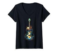 Mujer Guitarra Lago Reflexiones Bosque Pino Árbol Luna Campamento Guitarrista Camiseta Cuello V