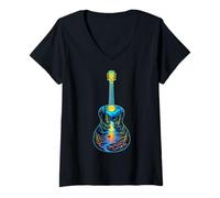 Mujer Guitarra Lago Reflexiones Bosque Pino Árbol Luna Campamento Guitarrista Camiseta Cuello V