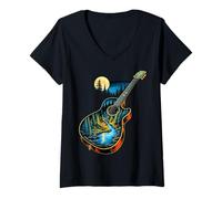 Mujer Guitarra Lago Reflexiones Bosque Pino Árbol Luna Campamento Guitarrista Camiseta Cuello V