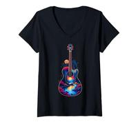 Mujer Guitarra Lago Reflexiones Bosque Pino Árbol Luna Campamento Guitarrista Camiseta Cuello V