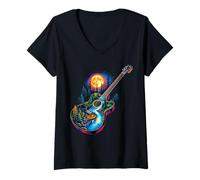 Mujer Guitarra Lago Reflexiones Bosque Pino Árbol Luna Campamento Guitarrista Camiseta Cuello V