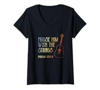 Mujer Guitarrista Música Cristiana Guitarrista Verso de la Biblia Camiseta Cuello V