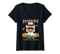 Mujer Habibi Ven a Dubai Divertido Rico Árabe Dinero Pila Dubai Camiseta Cuello V