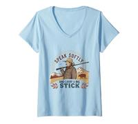 Mujer Habla Suavemente y Lleva una Cita de Big Stick Presidente Roosevelt Camiseta Cuello V