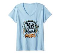 Mujer Hablar menos Escuchar más Auriculares Casete Retro Camiseta Cuello V