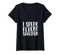 Mujer Hablo Fluido Sarcasmo Divertido Humor Ingenioso Dicho Camiseta Cuello V