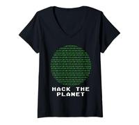 Mujer Hack The Planet Código binario Hacking Codification Hacker Camiseta Cuello V
