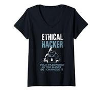 Mujer Hacker Ético Divertido Tu Contraseña Demasiado Corta Ciberseguridad Camiseta Cuello V