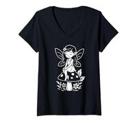 Mujer Hada Encantada Sentada en Seta Camiseta Cuello V