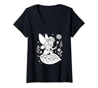 Mujer Hada sentada en Hoja con Flores Camiseta Cuello V