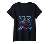 Mujer Hail Santa Pagan Happy Solstice Christmas Metal Rock Guitarra Camiseta Cuello V