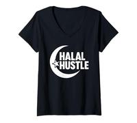 Mujer Halal Hustle Media Luna Árabe Islámica Camiseta Cuello V