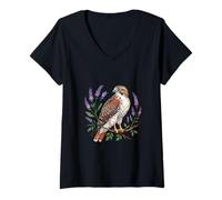 Mujer Halcón Cola Roja con Flores Lavanda Pájaro Naturaleza Arte Camiseta Cuello V