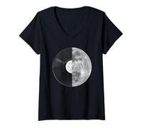 Mujer Half Moon Vinyl Record Design - Music Lover Lunar Graphic Camiseta Cuello V
