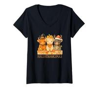 Mujer Hallothanksmas Highland Cow Trio Halloween Thanksgiving Camiseta Cuello V