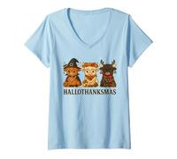 Mujer Hallothanksmas Highland Cow Trio Halloween Thanksgiving Camiseta Cuello V
