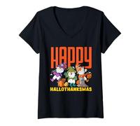 Mujer Halloween Acción de Gracias Navidad Feliz Hola GraciasMas Gnomos Camiseta Cuello V