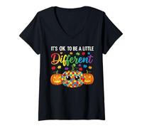 Mujer Halloween Autism Pumpkin It's Ok To Be a Little Different Camiseta Cuello V
