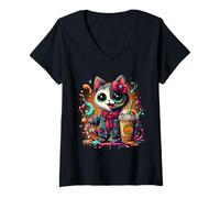 Mujer Halloween Creepy Zombie Cat Drinking Ice Coffee Costume Girl Camiseta Cuello V
