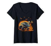 Mujer Halloween Esqueleto Montando Monster Truck Truco O Trato Miedo Camiseta Cuello V
