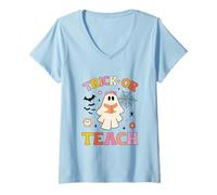 Mujer Halloween Fantasma Libro Lectura Escuela Profesor Truco o enseñar Camiseta Cuello V