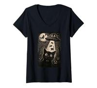Mujer Halloween Gato Selfie Noche Espeluznante Alien Secuestro Gatos OVNI Camiseta Cuello V