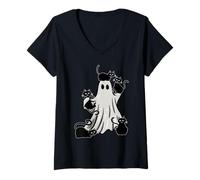 Mujer Halloween Ghost Holding Black Cat Lover Spooky Costume Funny Camiseta Cuello V