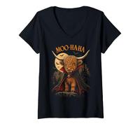 Mujer Halloween Highland Cow Moo Ha Ha Vampiro Halloween Camiseta Cuello V