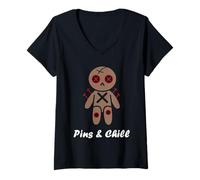 Mujer Halloween Horror Pins and Chill Funny Voodoo Doll Camiseta Cuello V