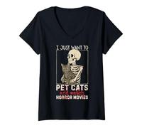 Mujer Halloween I Just Want To Pet Cats and Watch Horror Movies Camiseta Cuello V